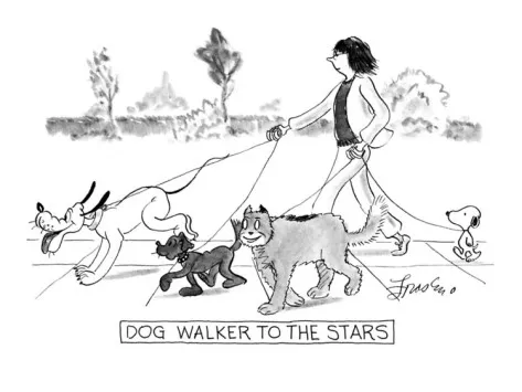 A humorous New Yorker cartoon by Edward Frascino depicting a dog walker with multiple leashed dogs.