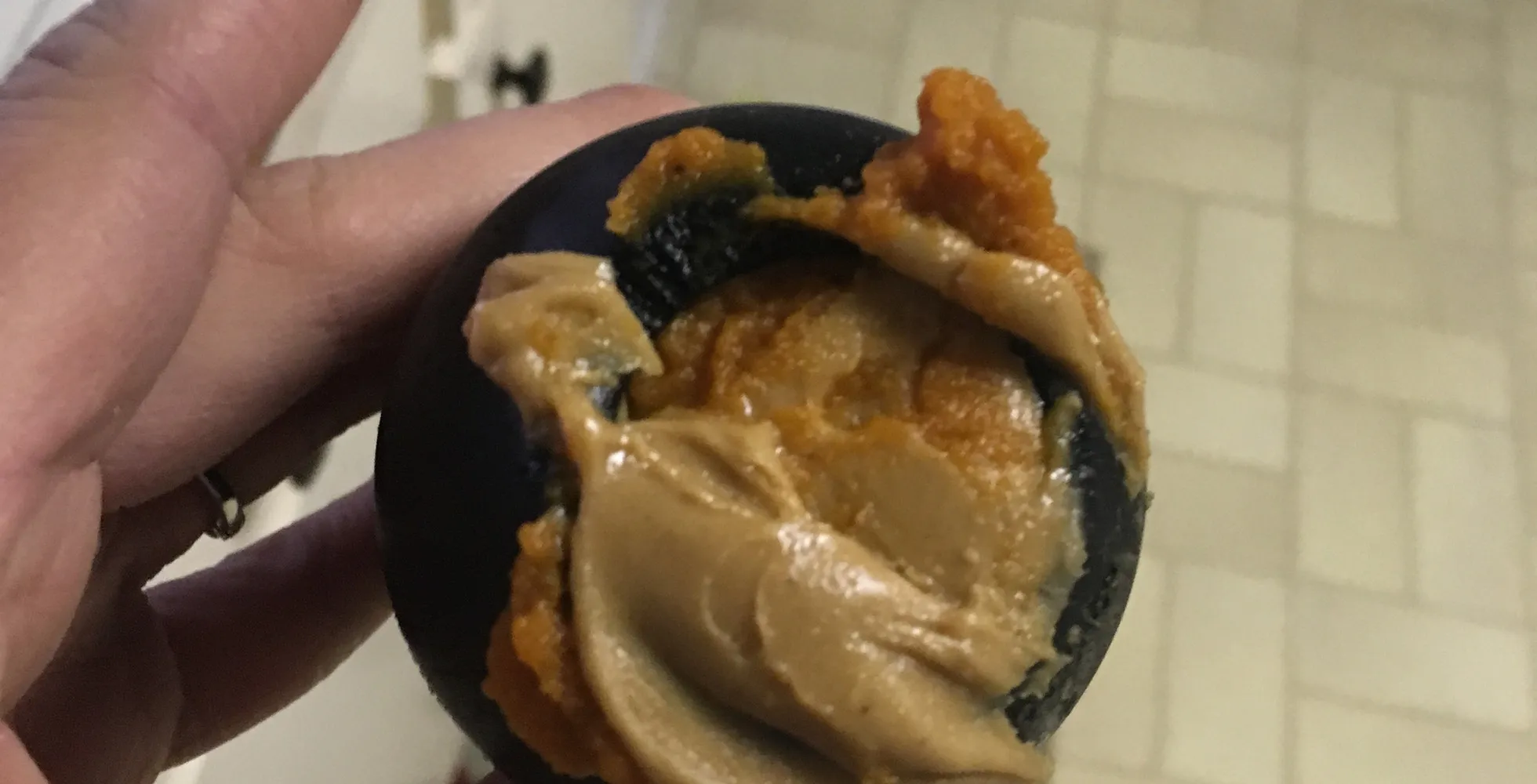 A Kong toy sealed with peanut butter at the larger opening