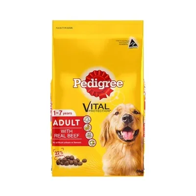 A large bag of Pedigree Adult Beef dog food, a commonly found brand in supermarkets.