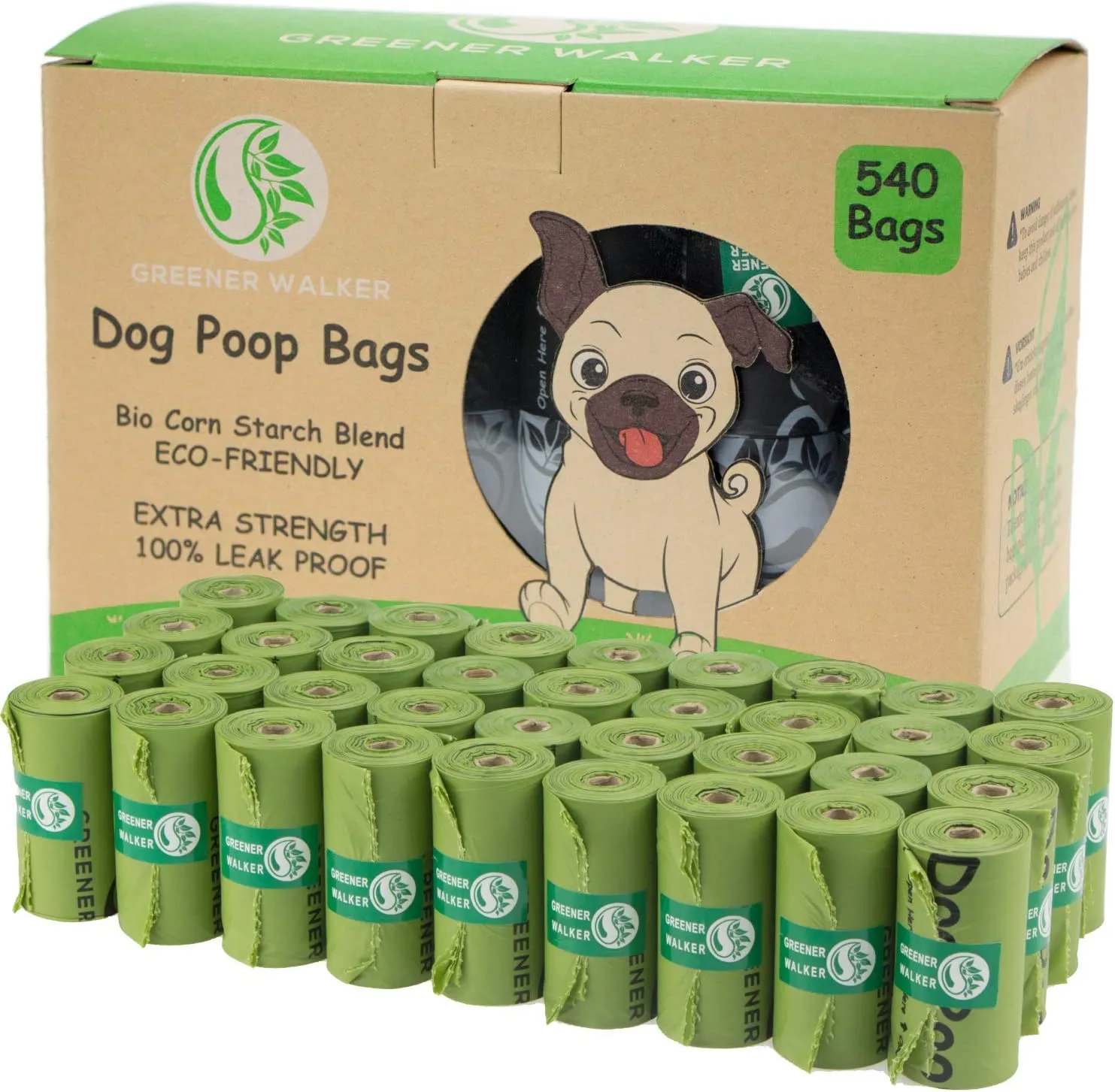 A large box of eco-friendly dog poop bags in a green color, with a roll of bags visible