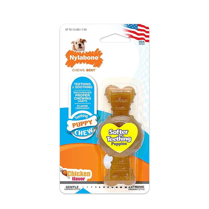 A Nylabone Puppy Ring Bone Chew Toy, a super-soft, chicken-flavored option for young puppies