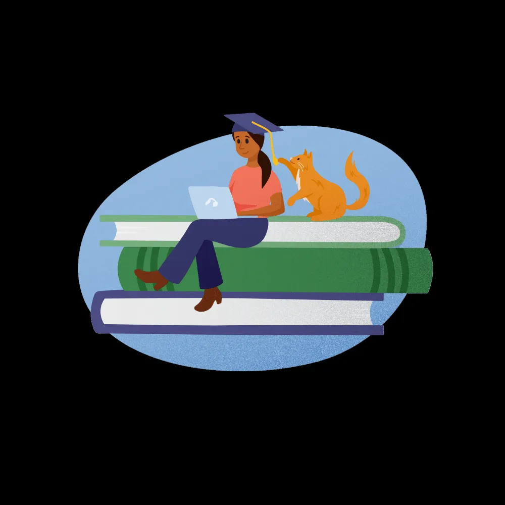 A person studying various pet care books and a laptop, emphasizing continuous learning for a pet care professional.