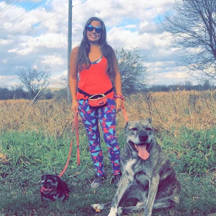 A pet sitter gently petting a dog on a leash during a walk in a residential area