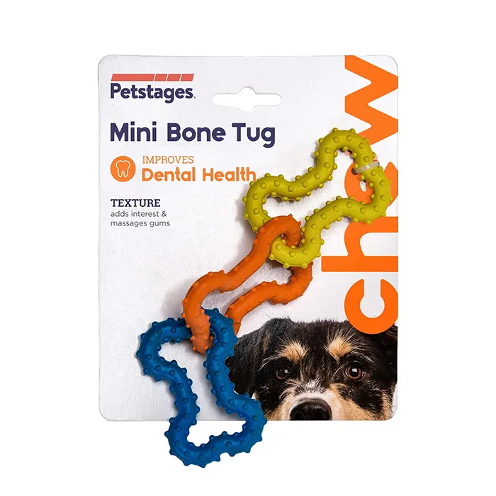A Petstages Mini Bone Tug Puppy Chew Toy, made of textured rubber, suitable for teething