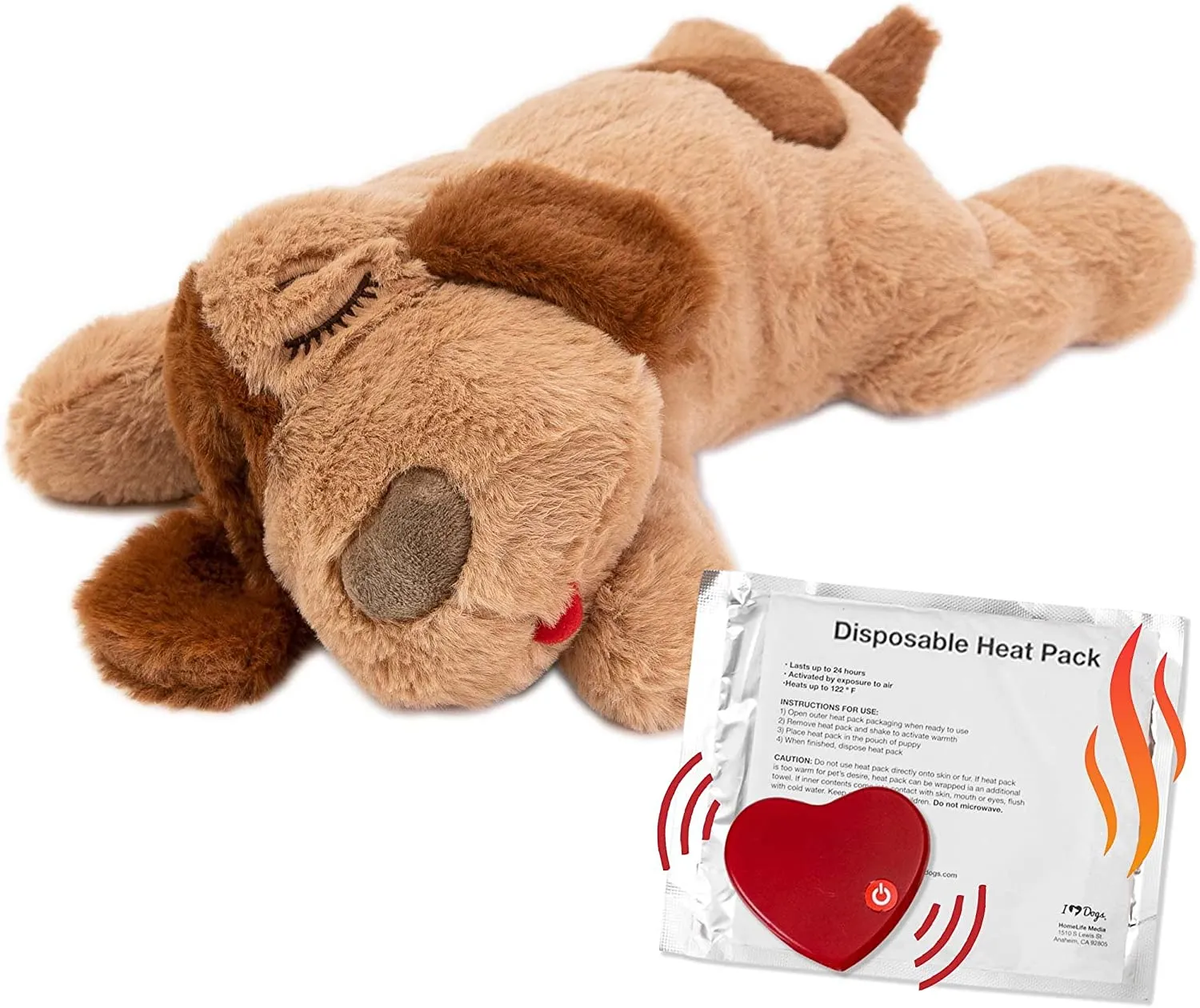 A plush dog toy with a simulated heartbeat, designed to soothe an anxious puppy