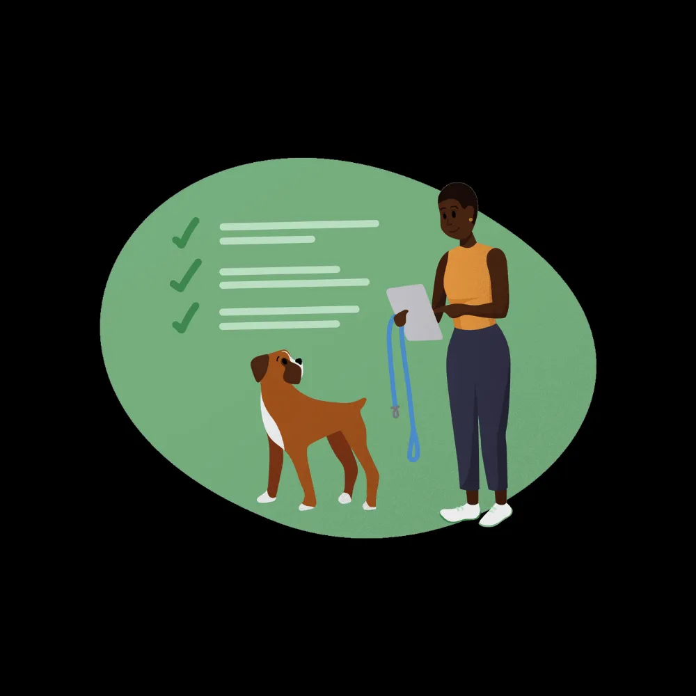 A professional pet care contract is being signed, with a dog leash and collar nearby.