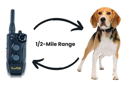 A remote training transmitter held by a person, with a Beagle dog visible in the distance at a half-mile range