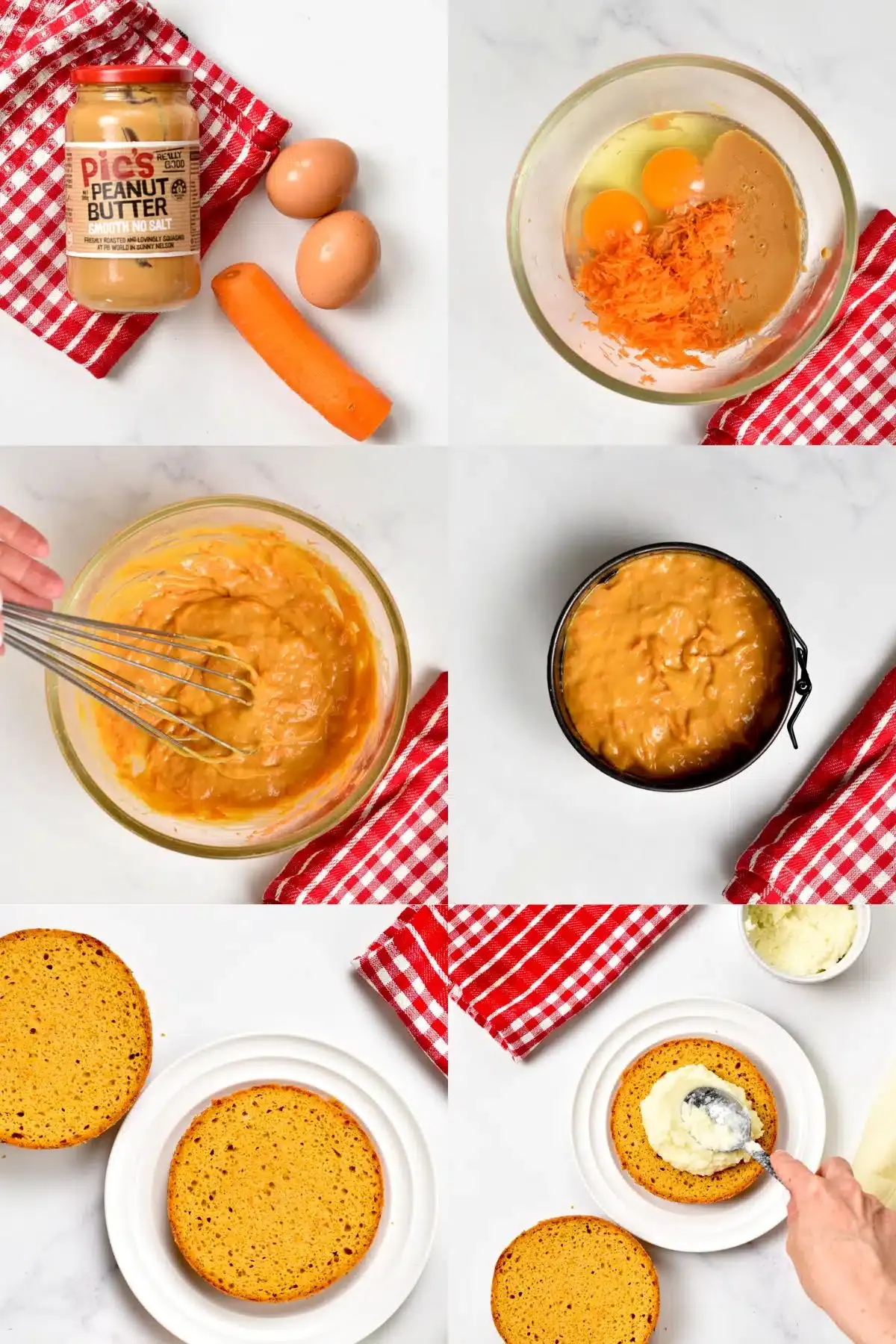 A series of step-by-step images showing the process of mixing ingredients and frosting a dog cake.