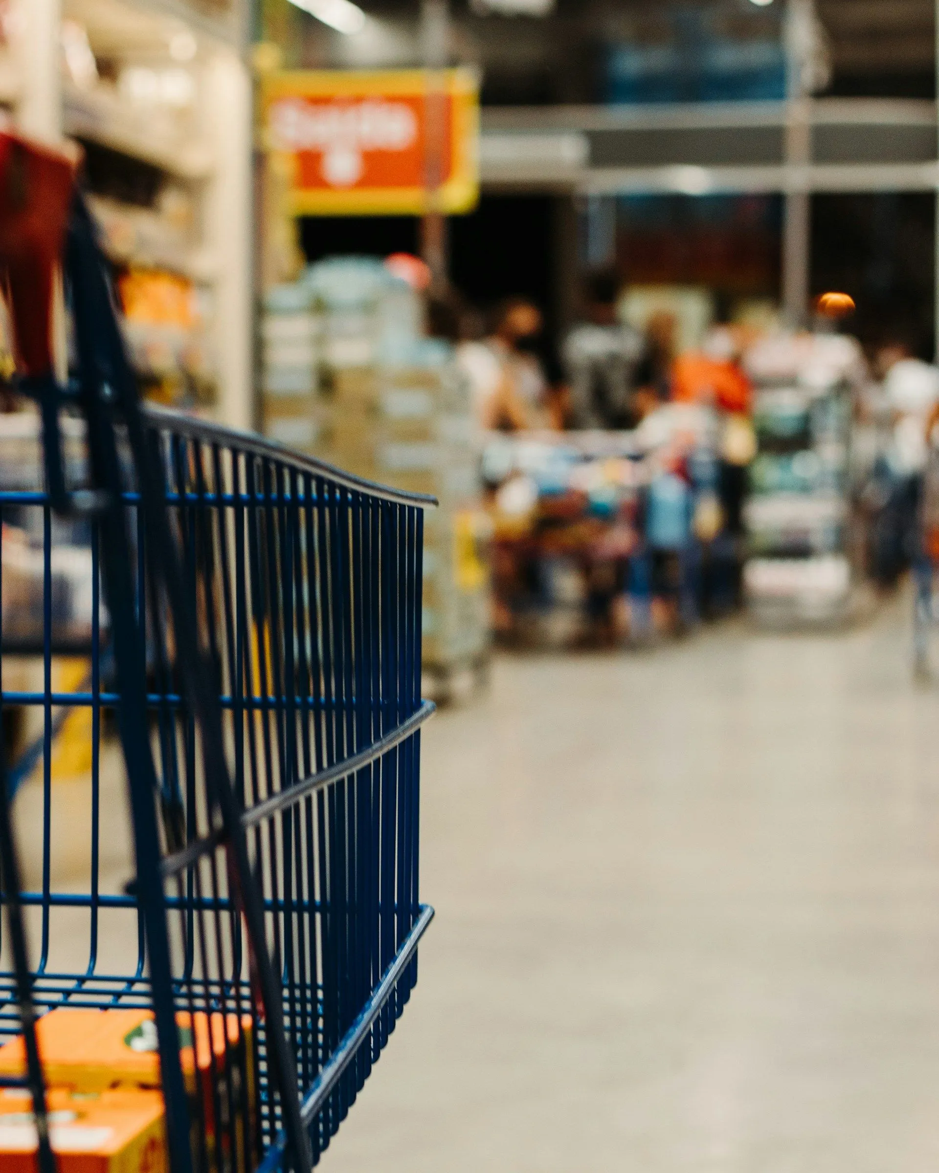 A shopping cart in a grocery aisle, representing careful selection of pet food ingredients to avoid harmful substances.