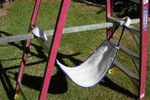 A simple DIY dog bladder expressing station set up outdoors using a clothesline and harness