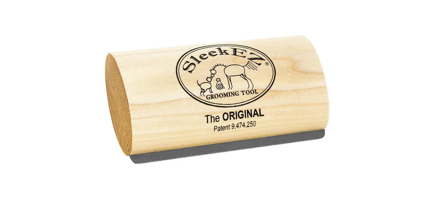 A SleekEZ deshedding tool with a wooden handle and a metal blade featuring a unique serrated edge.