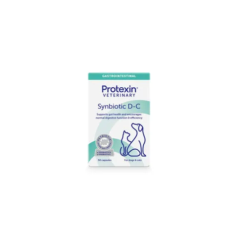 A small box of Protexin Synbiotic D-C capsules, a probiotic and prebiotic supplement for dogs.