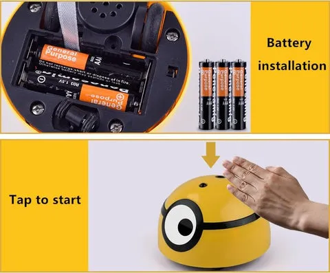 A small dog actively chasing and batting a motion-activated dog toy on a hard floor