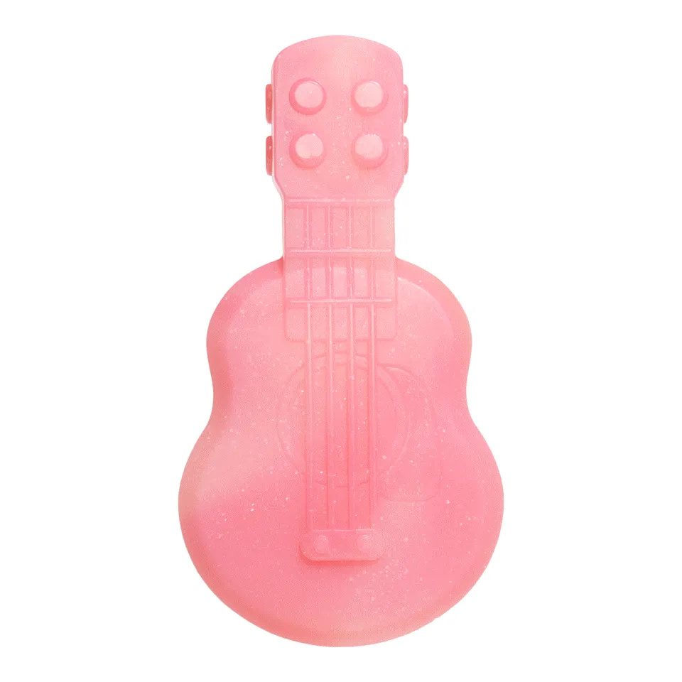 A solid nylon dog toy shaped like a rustic guitar, with an apple scent and textured surfaces for gripping and gnawing, made for heavy chewers.