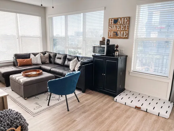 A stylish dog bed placed on the floor in a living room