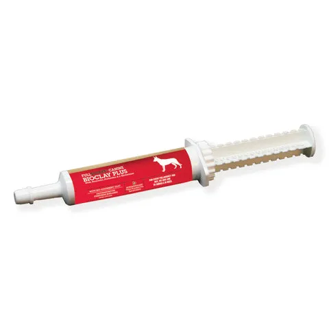 A tube of Full Bucket Health Bioclay+ Paste, a probiotic and clay supplement for canine digestive health.