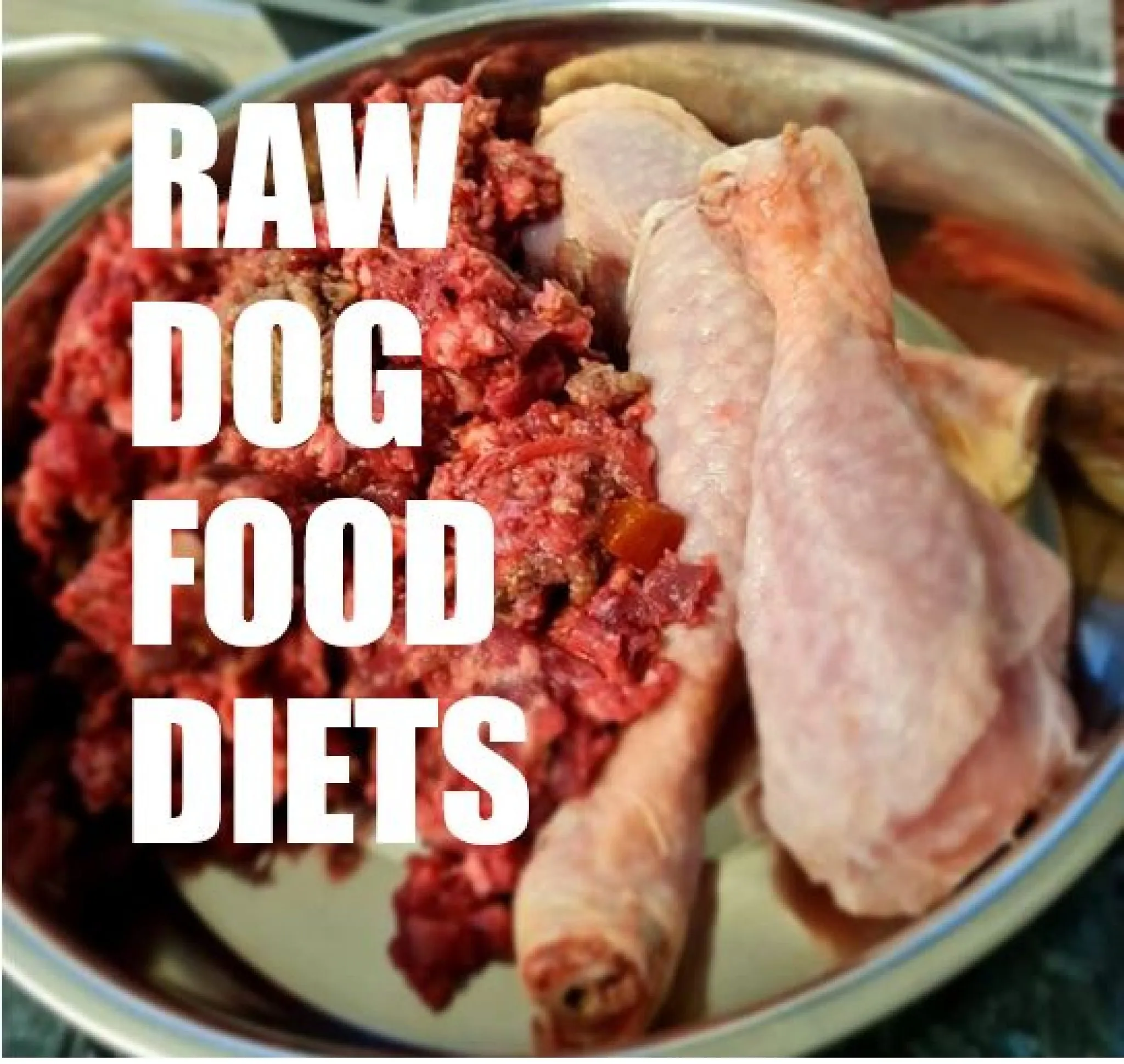 A variety of raw dog food ingredients including meat, bones, and organs, prepared for a canine diet