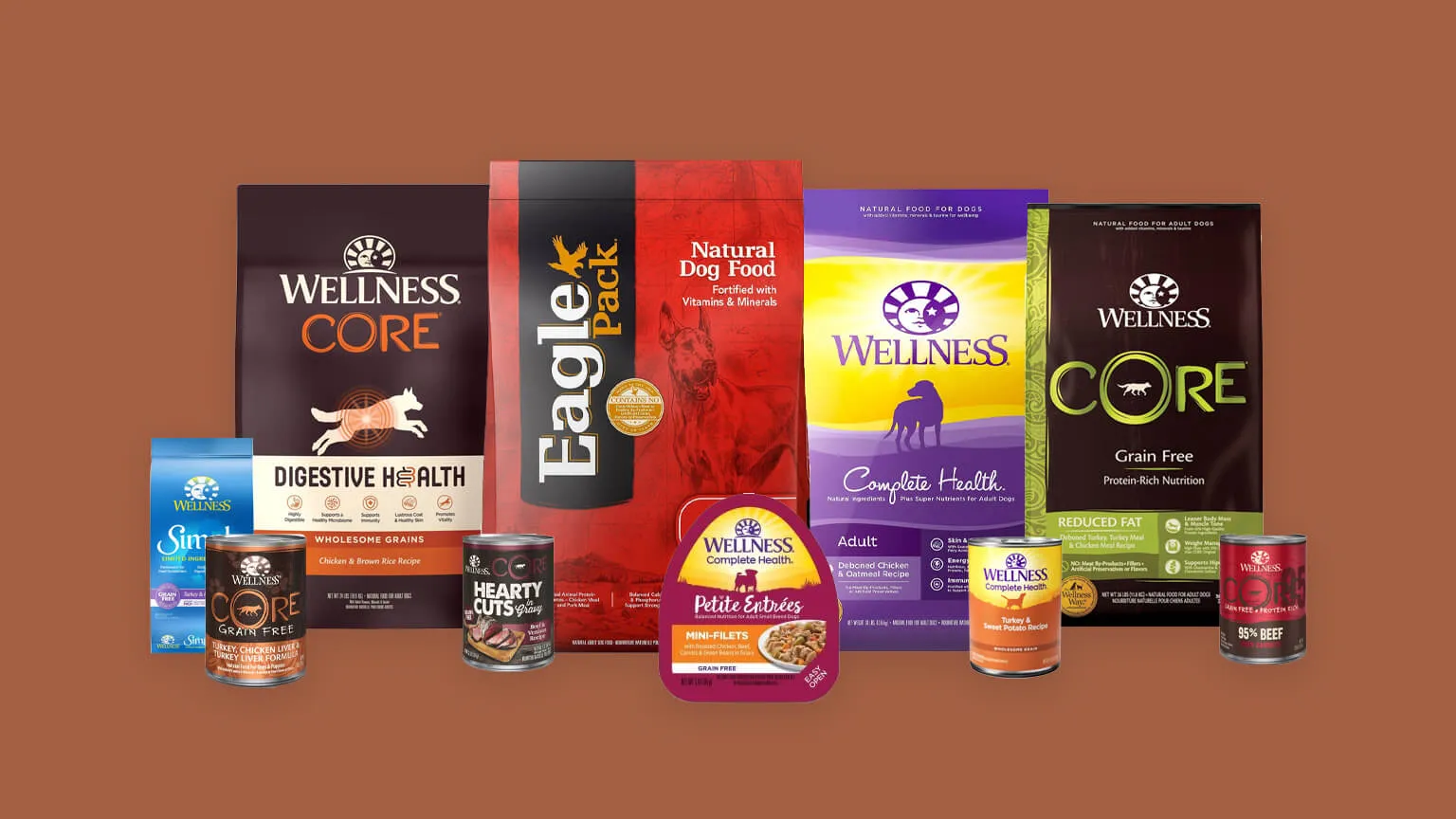 A variety of Wellness dog food products in different packaging and sizes.
