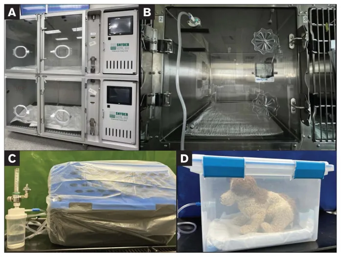 A veterinary oxygen cage provides a controlled environment for a pet in respiratory distress, aiding stabilization and recovery.