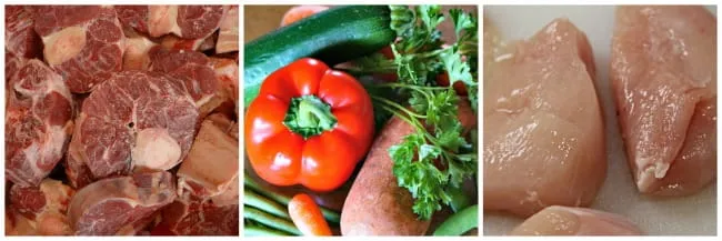 A vibrant collage of raw dog food diet ingredients, including various meats, fruits, and vegetables.