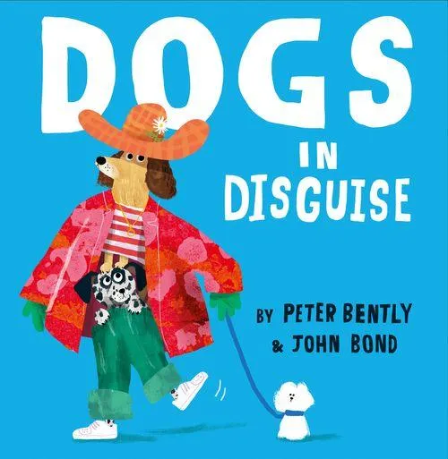 A vibrant illustration of various dogs wearing funny human disguises