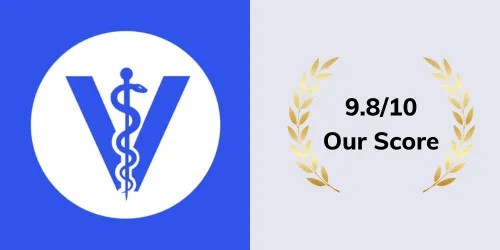 A "Voted 9.8/10 by Veterinarians.org" seal, signifying the trust and approval of veterinary professionals