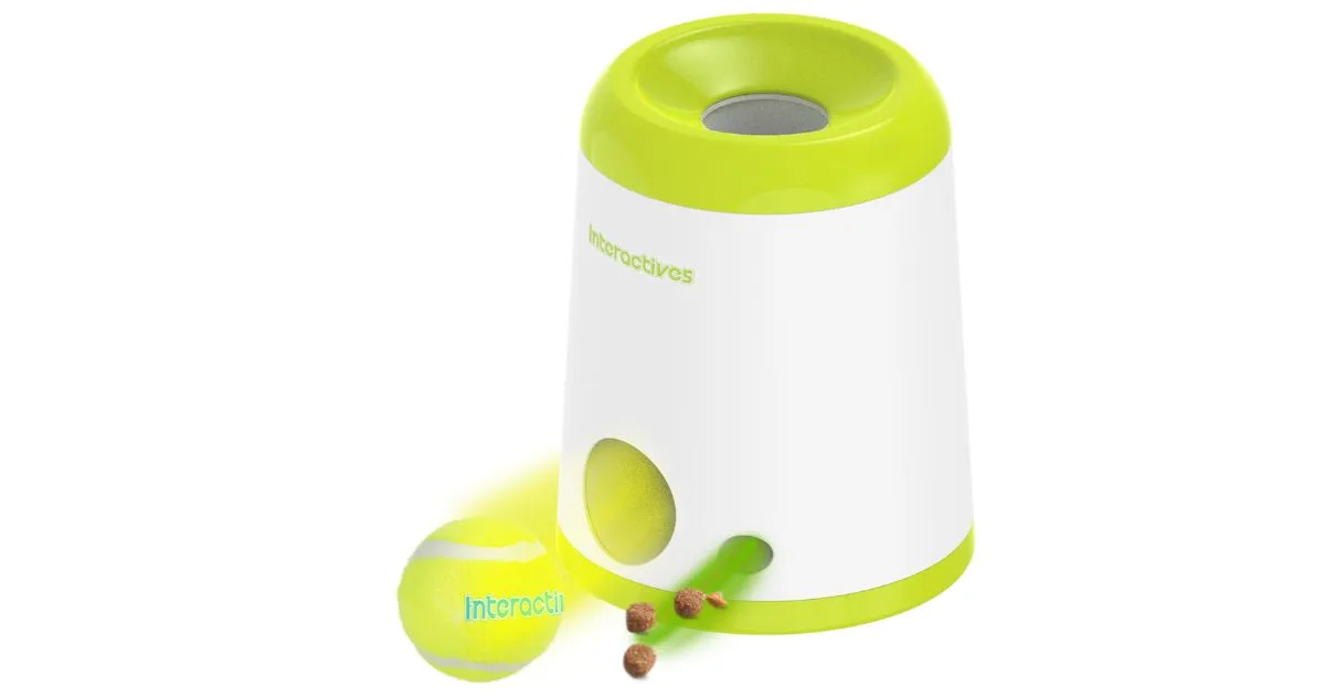 A white and blue All For Paws Fetch 'N' Treat 2nd Gen toy with a tennis ball.