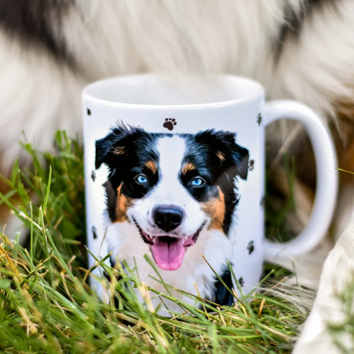 A white mug rests in tall green grass, with a large, realistic portrait of a smiling black, white, and brown Australian Shepherd.