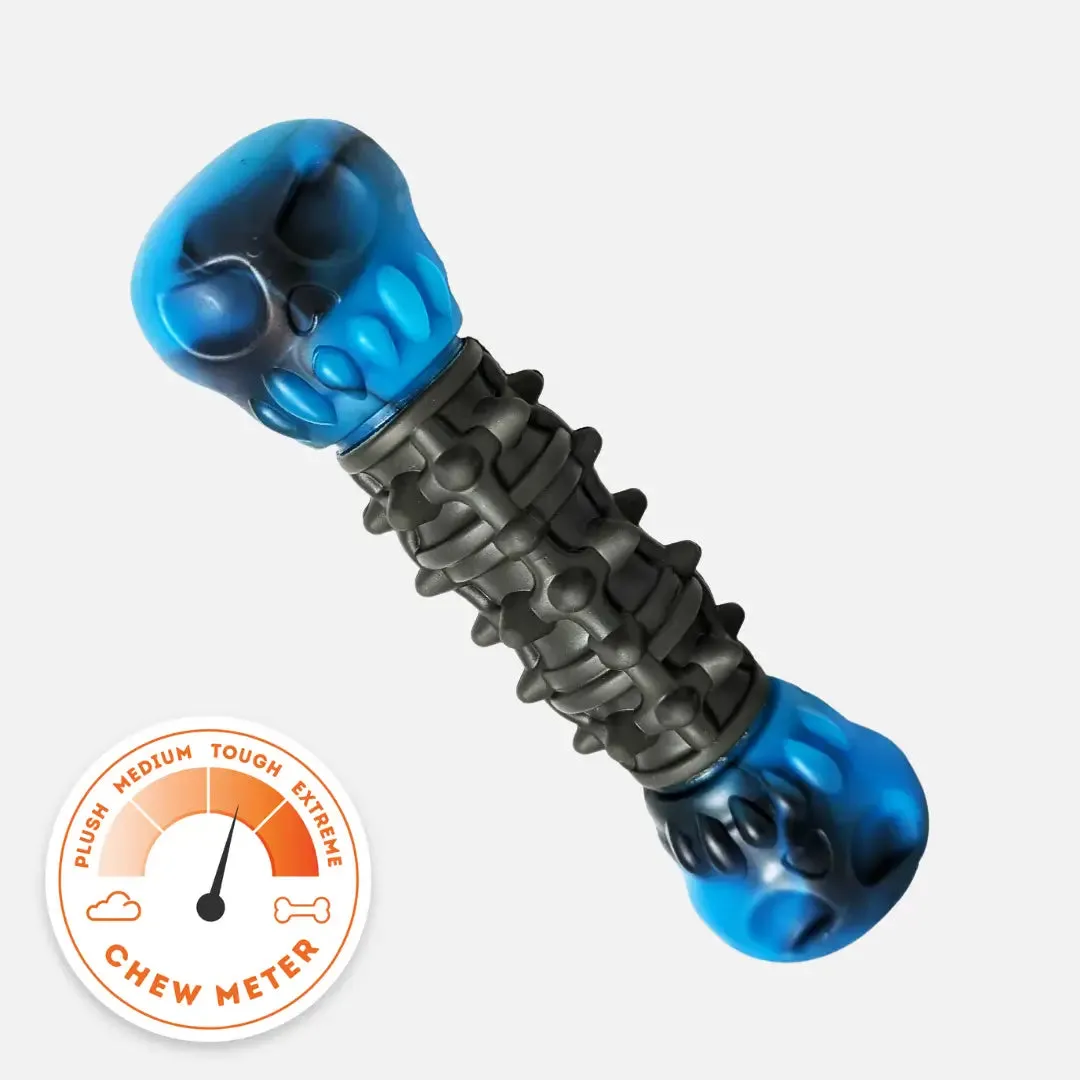 A white nylon skull-shaped bone dog toy, designed for power chewers, on a black background.