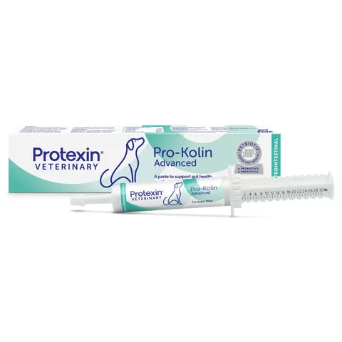A white tube of Pro-Kolin Advanced for Dogs probiotic supplement, designed for digestive support.