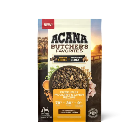 Acana Butcher’s Favorites Free-Run Poultry & Liver Recipe bag front view, 17lbs size