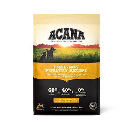 Acana dry dog food bag, emphasizing the natural ingredients for pet health