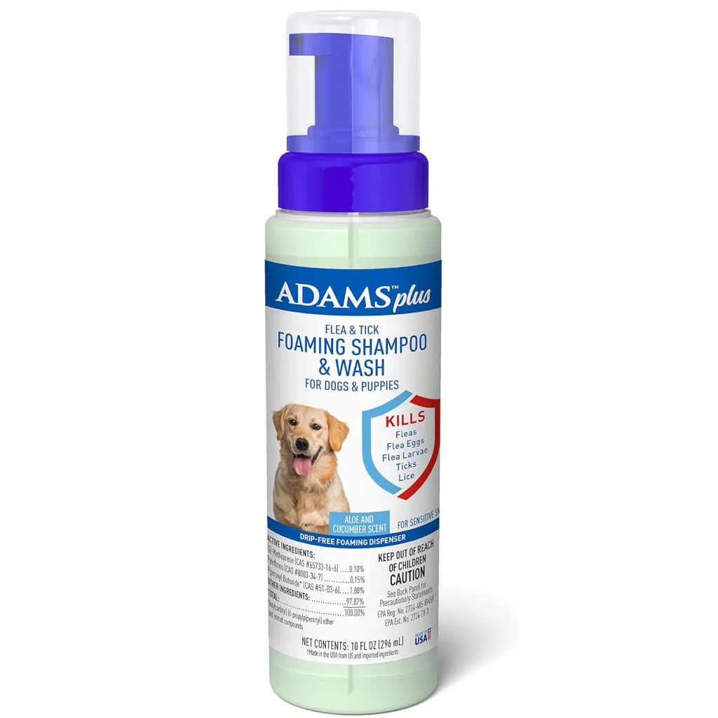 Adams Plus Flea & Tick Foaming Shampoo and Wash for Dogs & Puppies.