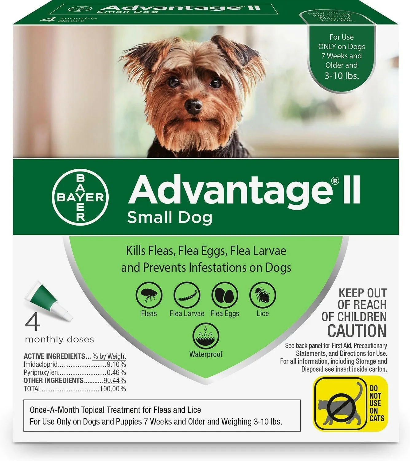 Advantage II flea control for small dogs, packaged in a green box.