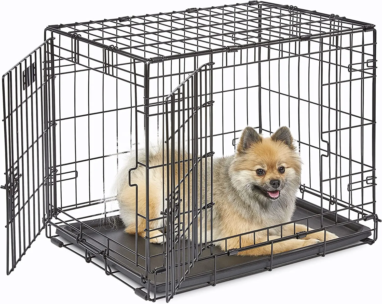 An adjustable wire dog crate with a black finish, perfect for growing puppies