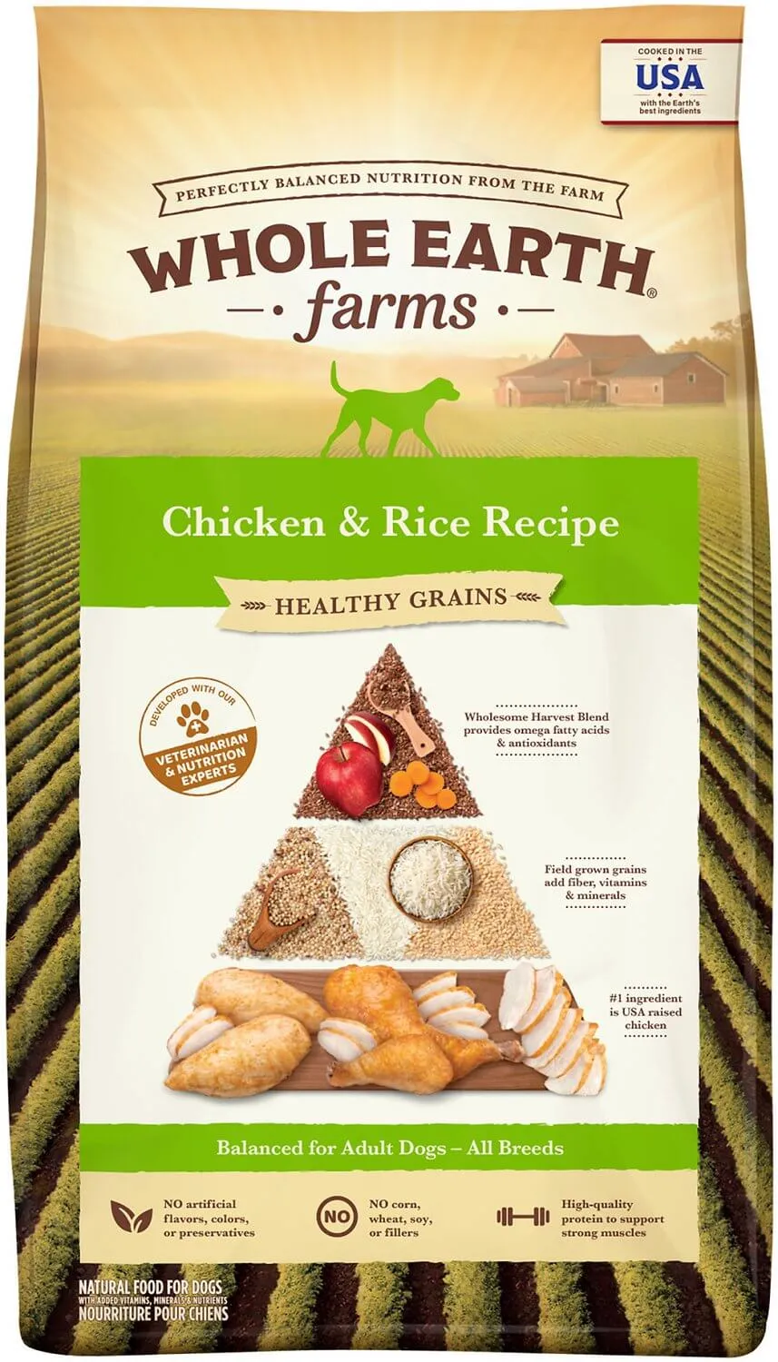 An array of Whole Earth Farms dry dog food bags on a store shelf