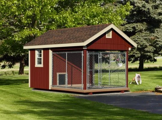 An attractive 8x12 Elite style dog kennel in red, showcasing deluxe trim and larger windows for enhanced backyard appeal.