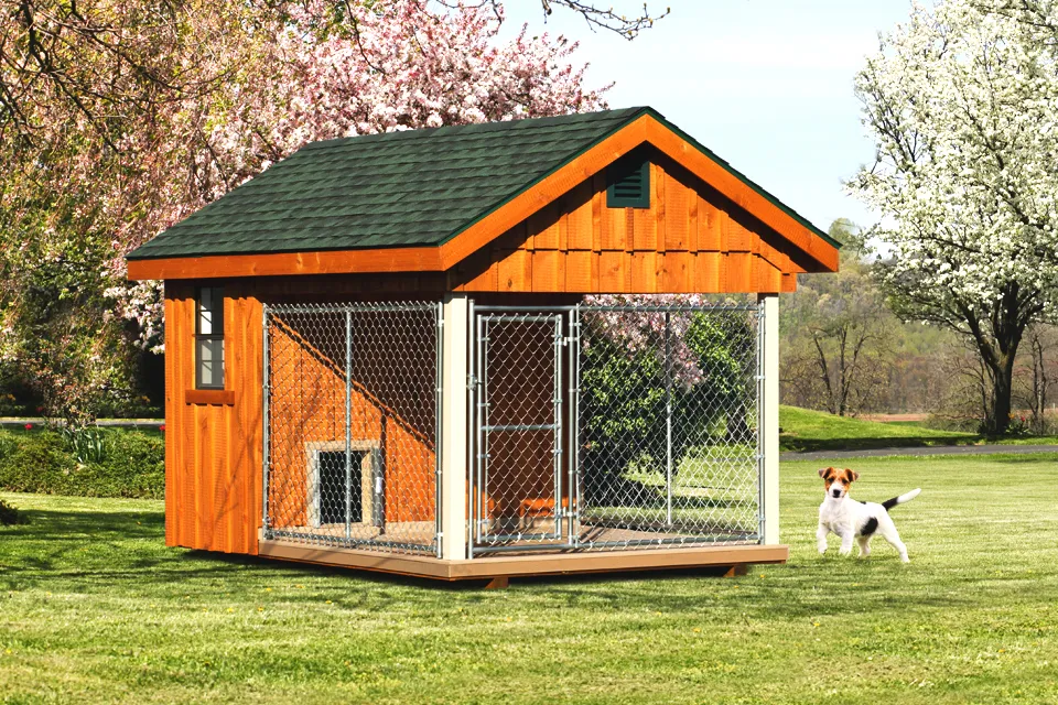 An elegant 8x12 elite dog kennel featuring a wooden siding and a decorative trim package.