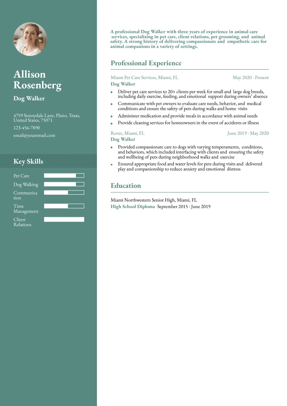 An example of a dog walker's ad focusing on entry-level services, highlighting dedication to animal welfare.