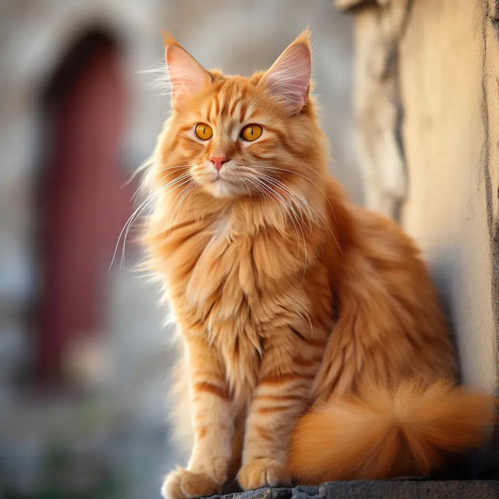 An Orange Maine Coon Cat , sitting on Stone Wall