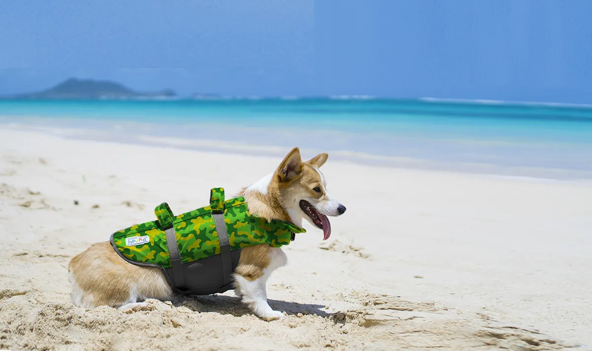 An Outward Hound Granby dog life jacket in camo print, laid flat to show its features