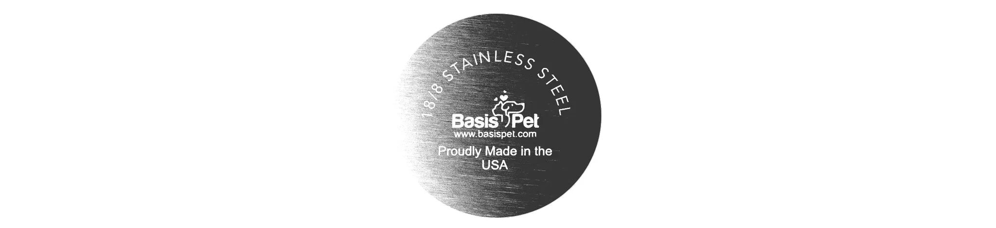 Artistic rendering of lasermark from the underside of the Basis Pet Stainless Steel Cat Bowl. Includes the Basis Pet logo, website URL, and text that reads