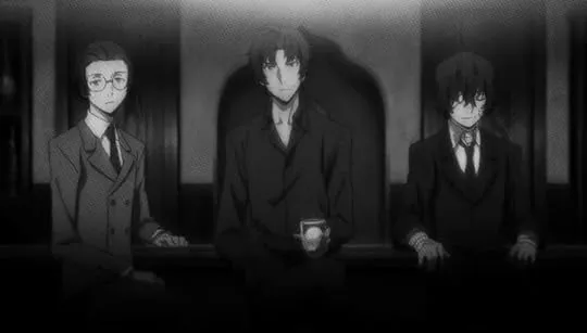 Artistic rendition of Dazai, Oda, and Ango from Bungo Stray Dogs, capturing their bond