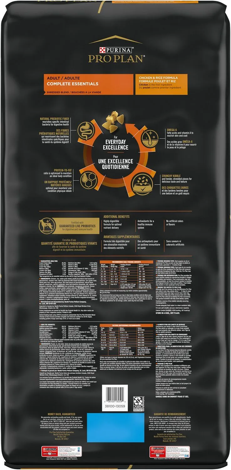 Back of a Purina Pro Plan package, showing ingredient list details