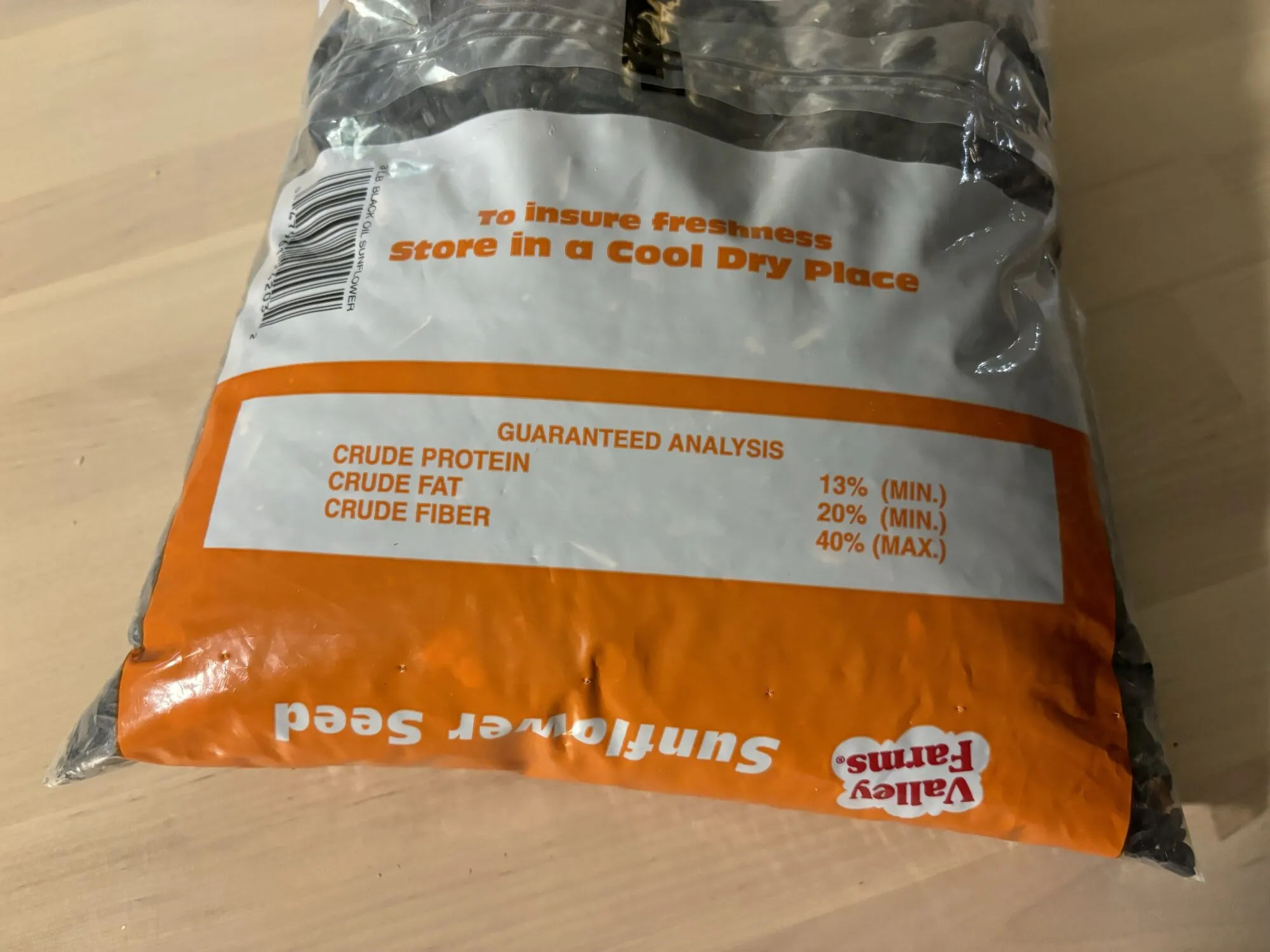 Back of Valley Farms Black Oil Sunflower Seed bag displaying protein, fat, and fiber content