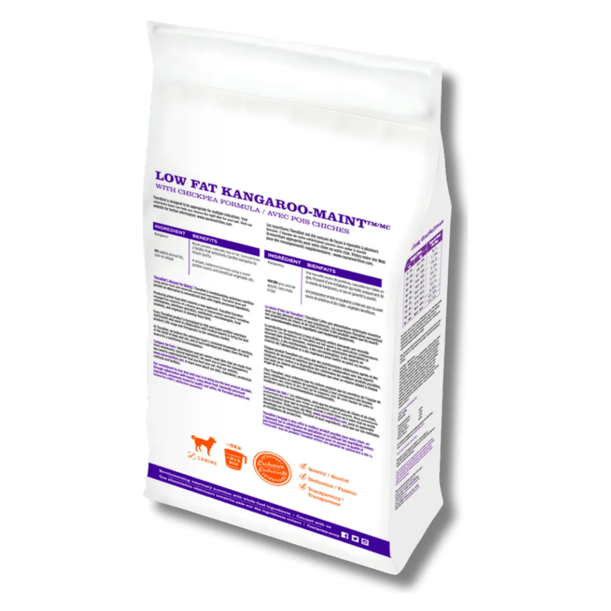 Back view of Low Fat Kangaroo-MAINT Dry Dog Food packaging with nutritional information
