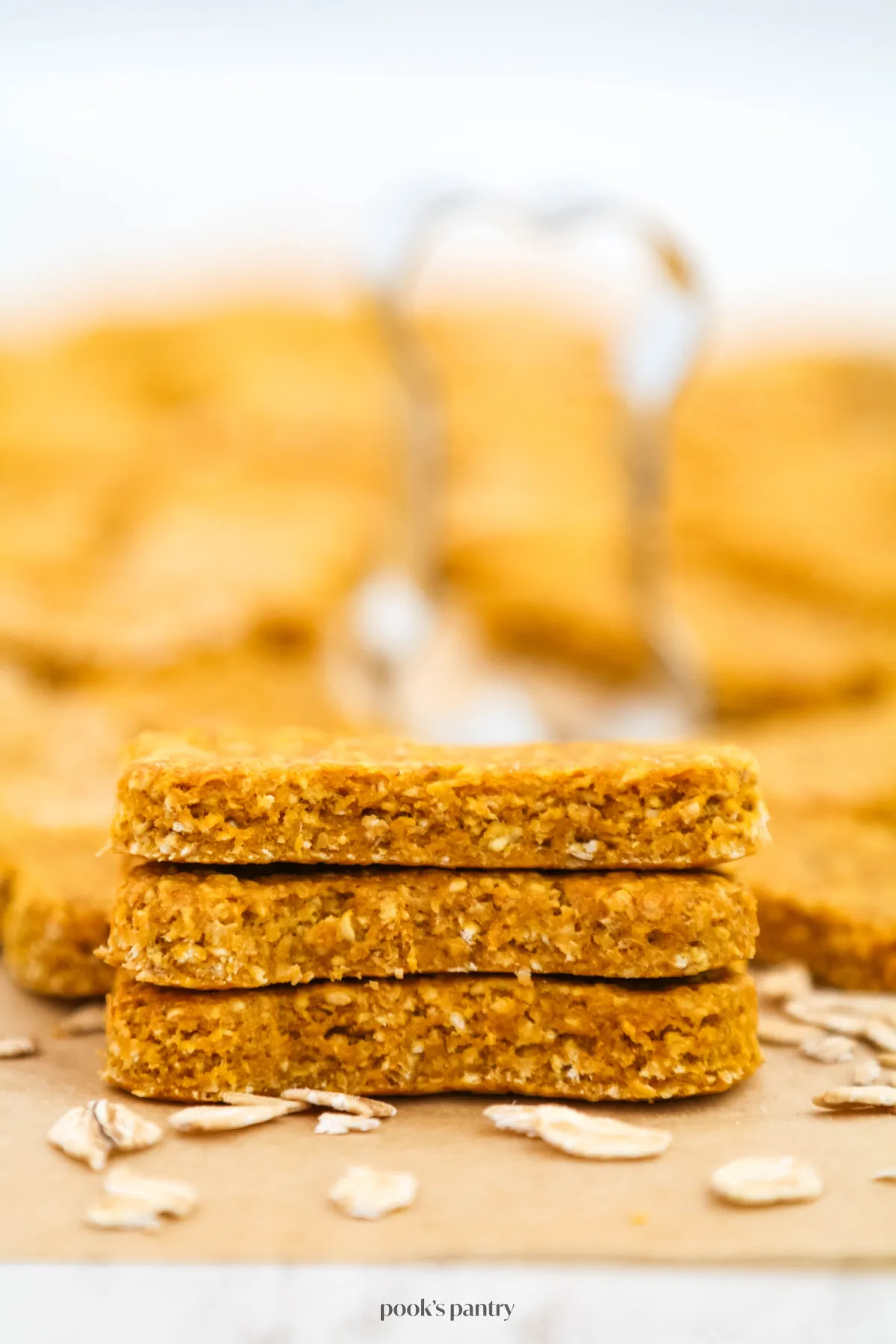 Baked pumpkin dog treats with visible oat texture, stacked in a close-up shot