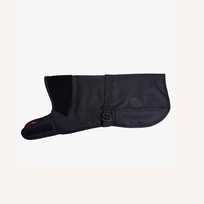 Barbour waxed cotton dog coat with tartan lining and corduroy collar