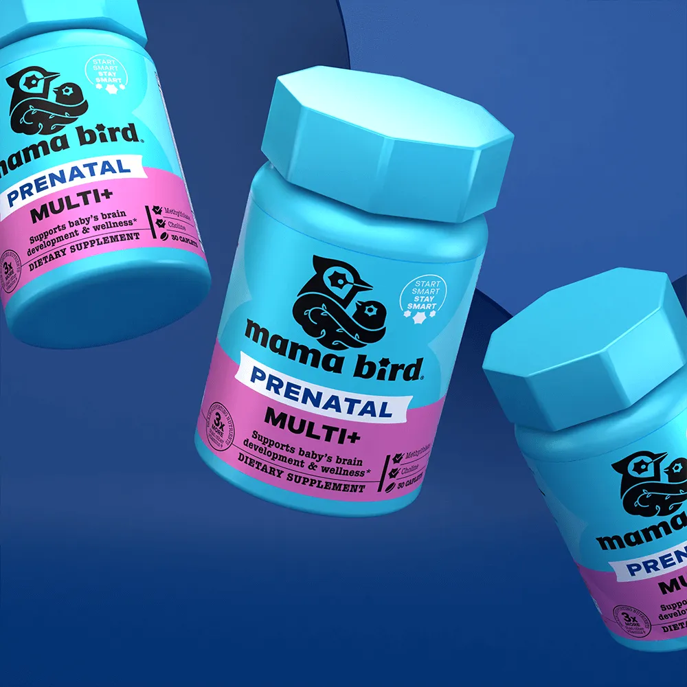 Best Nest Wellness Mama Bird Prenatal Multi+ supplement bottle, designed for optimal brain development in babies and maternal health