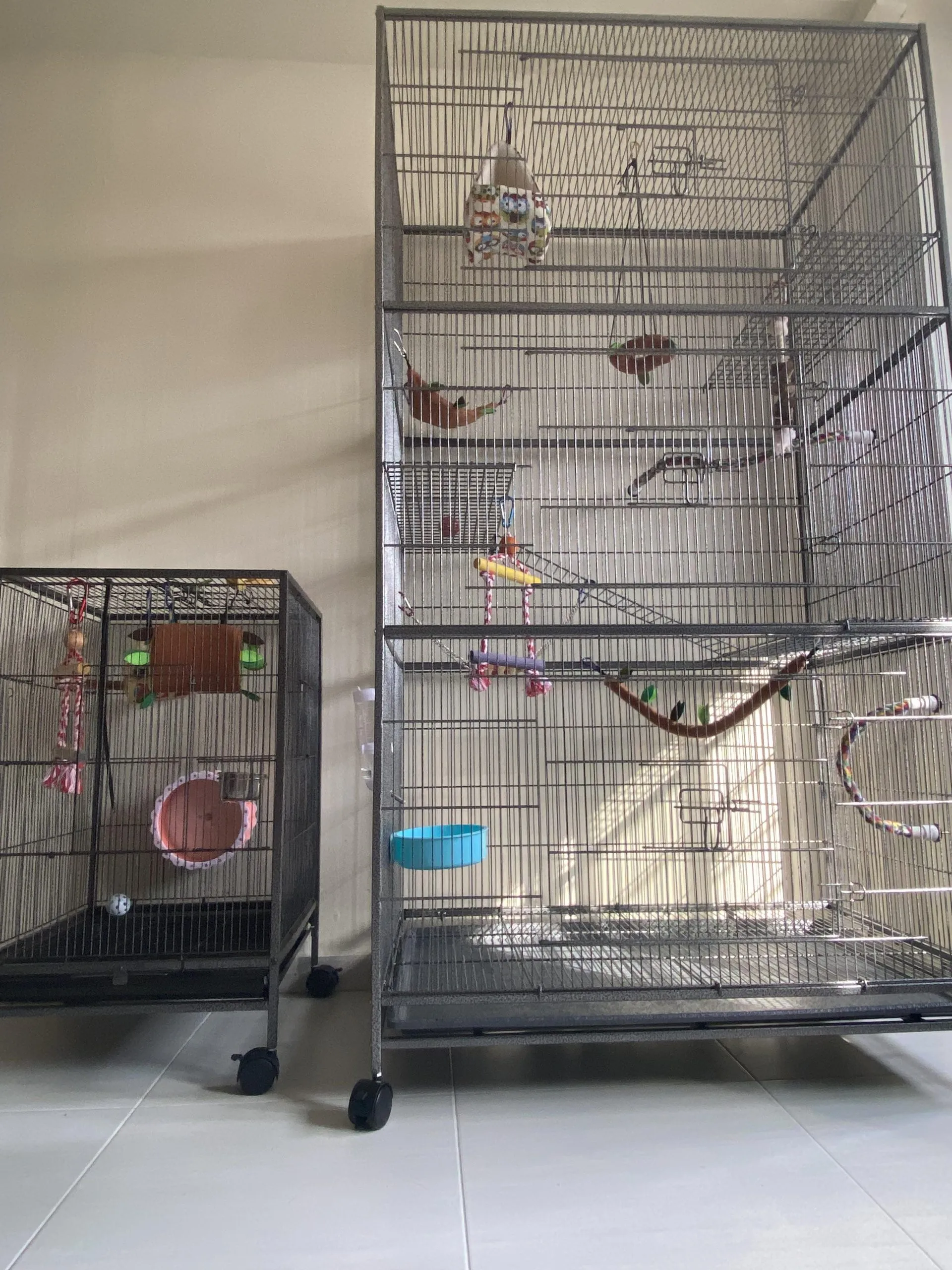 Bird cage accessories including toys, perches, and food bowls